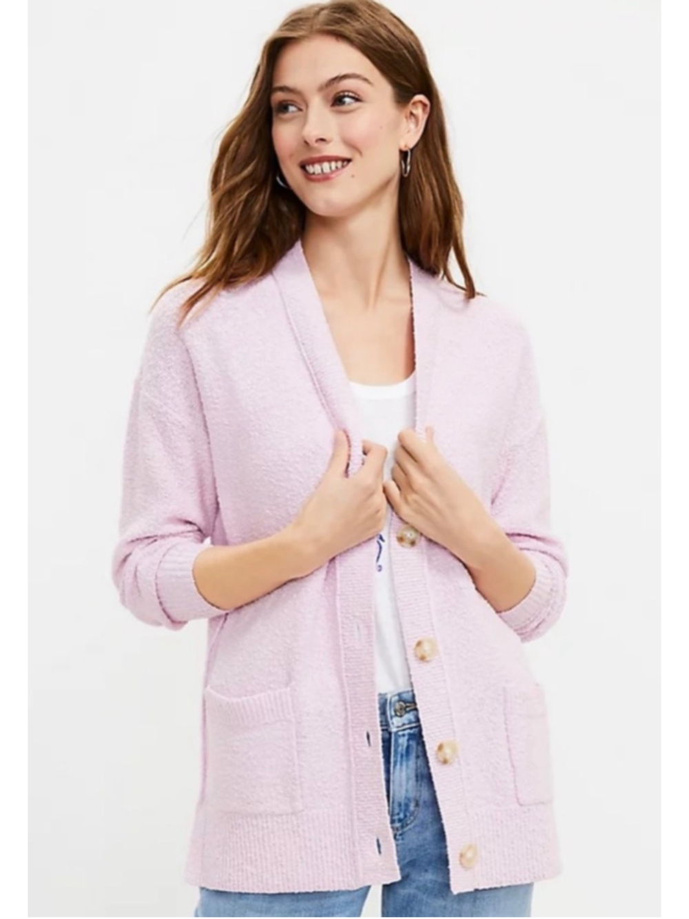 LOFT New Cotton Knit V-Neck Pocket Cardigan Sweater Size XS Winsome Orchid